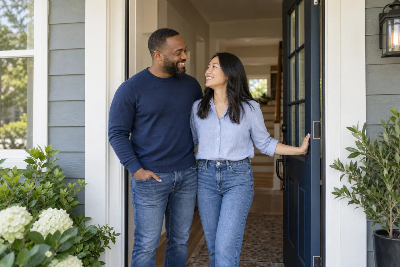 A couple relaxing together on the front porch of their home