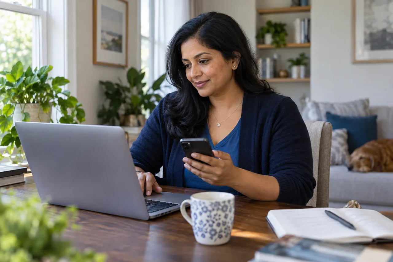 A woman reviewing information on her laptop and phone at home